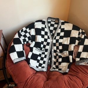 Checker Print Oversized Cardigan with Pockets